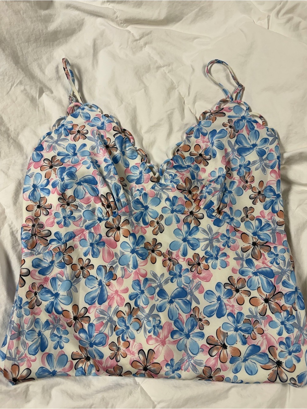 Astr Floral Satin Chemise Cami - Blue, Pink & Brown Blossoms